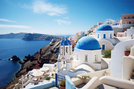 traditional greek village Oia of Santorini, with blue domes against sea and caldera, Greece, illustrationの写真素材