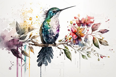 Colorful humming bird on stick tree with flower over white backgroundの素材