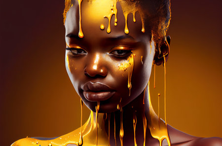 Beauty shot of beautiful black woman with liquid gold make up, illustration with copy space (AI generated)の素材