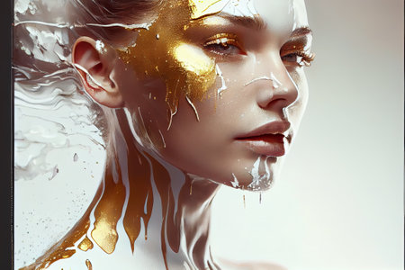 Beauty shot of beautiful caucasian woman with liquid gold make up, illustration with copy space (AI generated)の素材