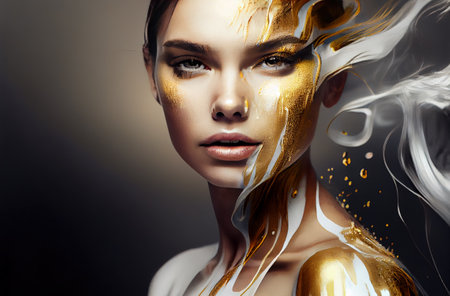 Beauty shot of beautiful caucasian woman with liquid gold make up, illustration with copy space (AI generated)の素材