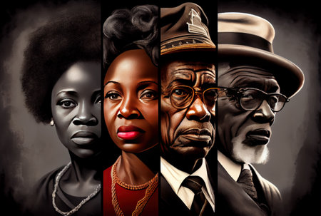Black history month concept, afroamerican group of activists, men and women in retro clothes, ai illustrationの素材