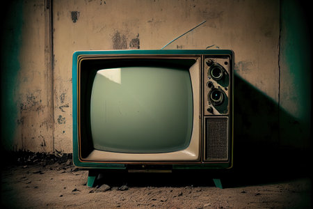 vintage set of tv equipments on old table, retro roomの素材