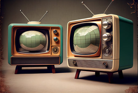 vintage set of tv equipments with many displays, retro room, created using AI toolsの素材