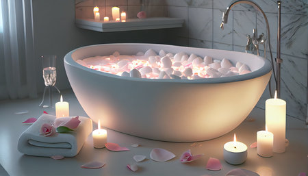 Modern bathroom illustration with modern bath tube, burning candles and rose petalsの素材
