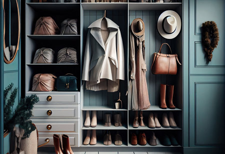 white modern wardrobe with showcase, modern system of the storage close up, ai generatedの素材