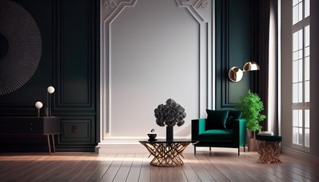 Interior of luxury home, art deco modern trendy living room with green chair, ai generativeの素材