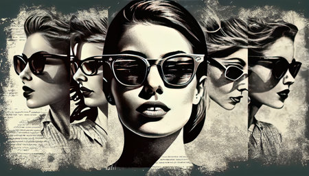 girls in sixties retro design, photo and graphics, black and white, colorful, fictional character, AI basedの素材
