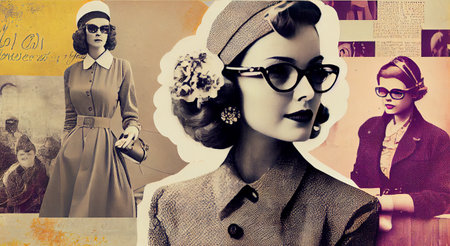 girls in sixties retro design, photo and graphics, black and white, colorful, fictional character, AI basedの素材