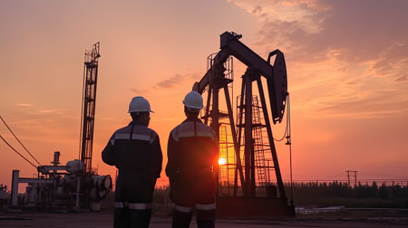 Two engineers at black oil factory at sunset, conceptual illustration, created using ai toolの写真素材