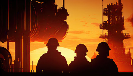 Two engineers at black oil factory at sunset, conceptual illustration, created using ai toolの写真素材