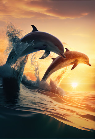 dolphins jumping in waves, seascape background with clear water and sunsetの素材