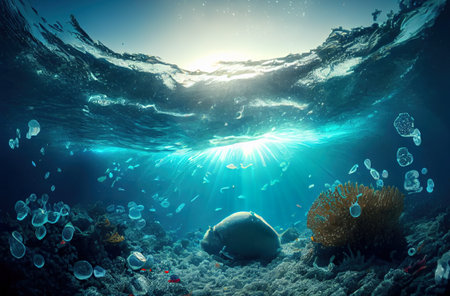 Plastic in water, polluted ocean underwater, marine ecologic conceptの素材
