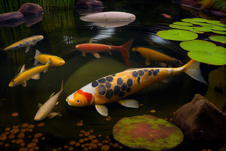 Traditional several japanese carp fishes simming in pondの素材