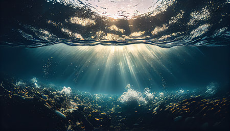 underwater coral reef seascape background with small coloful fish and clear waterの素材