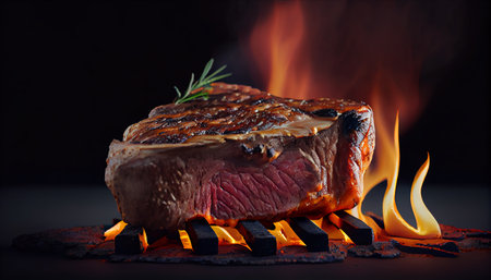 Grilled meat steak, fire in background, ai based illustrationの素材