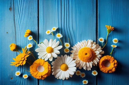 Chamomile and marigold flowers over blue wooden background, illustration, copy spaceの素材