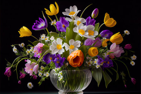 Vintage spring bouquet in vase over dark background, traditional dutch style, illustrationの素材