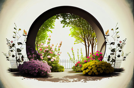 Spring country pastoral illustration, blooming flowers in garden and treeの素材