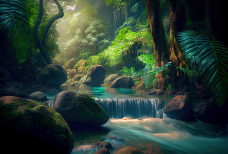 Landscape of rainforest with flowing spring and waterfallの写真素材