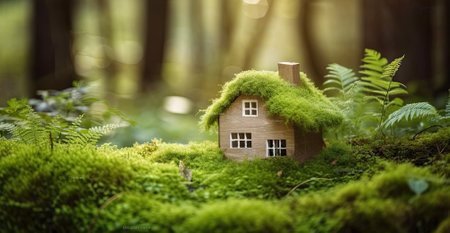 House in forest with greenery around, modern energy efficiency constructionの素材