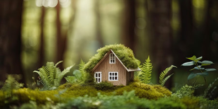 House in forest with greenery around, modern energy efficiency constructionの素材