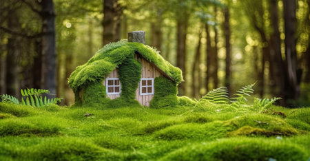 House in forest with greenery around, modern energy efficiency constructionの素材