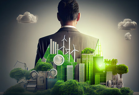 save the green planet concept with businessman and renewable resourses, illustration with double exposure,の素材
