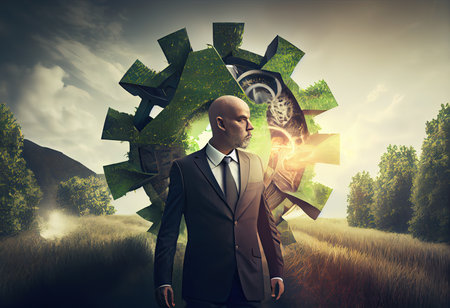 save the green planet concept with businessman and renewable resourses, illustration with double exposure,の素材