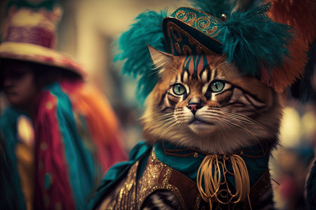 Cat carnival in historic hat, city tourism concept for travelの素材
