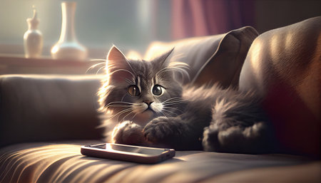 Cat in glasses checking his social media on phoneの素材
