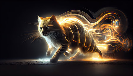 Cat running at night street, light trailsの素材
