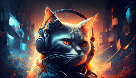 disc jockey dj kitten at work playing records in night clubの素材