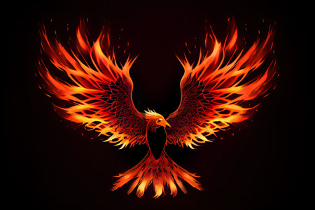 Phoenix, bird made of fire spreading wings over black backgroundの素材