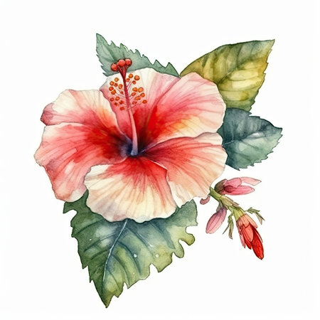 botanical watercolor design with hibiscus flowers and leaves, floral backgroundの素材