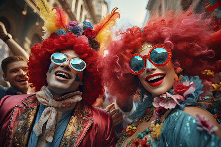 People celebrating carnival, happy people on city streetの素材