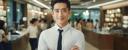 confident asian businessman, defocused office in backgroundの素材