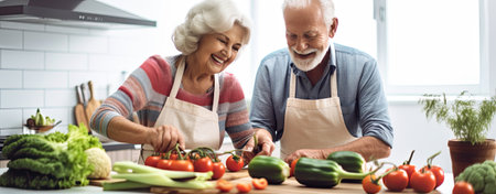 Senior people preparing vegan food at homeの素材
