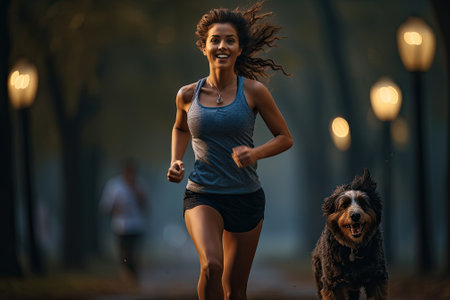Sportswoman running with her dog in parkの素材