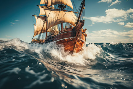sailing ship speeding in seaの素材