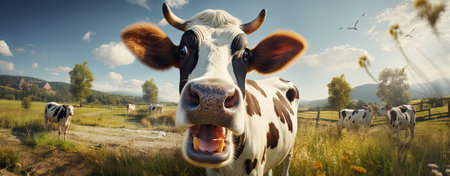 crazy cow on idyllic pastureの素材