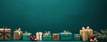 gift boxes on green background with copy spaceの素材