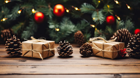 Wrapped chirstmas gifts under christmas evergreen treeの素材