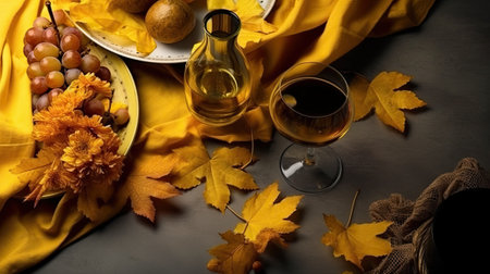 Served plates with fall leaves, gray backgroundの素材