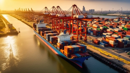 Modern System transportation and logistic import export and transport industry of truck container cargo ship and cargo plane with working crane bridge in shipyardの素材