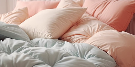 close up pastel pillows in bedの素材