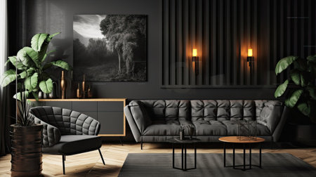 Dark living room interior with luxury gray sofa.の素材