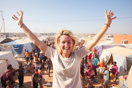 Volunteer woman at refugee campの素材