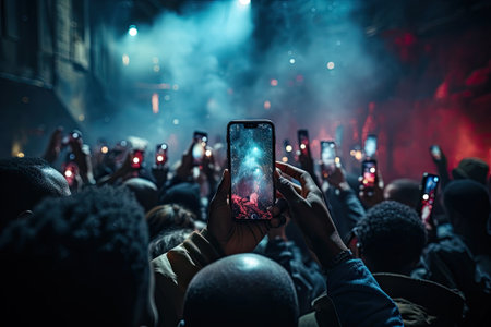 crowd on big perfomance, people filming on phonesの素材