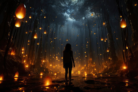 kid in dream like forest with glowing candlesの素材